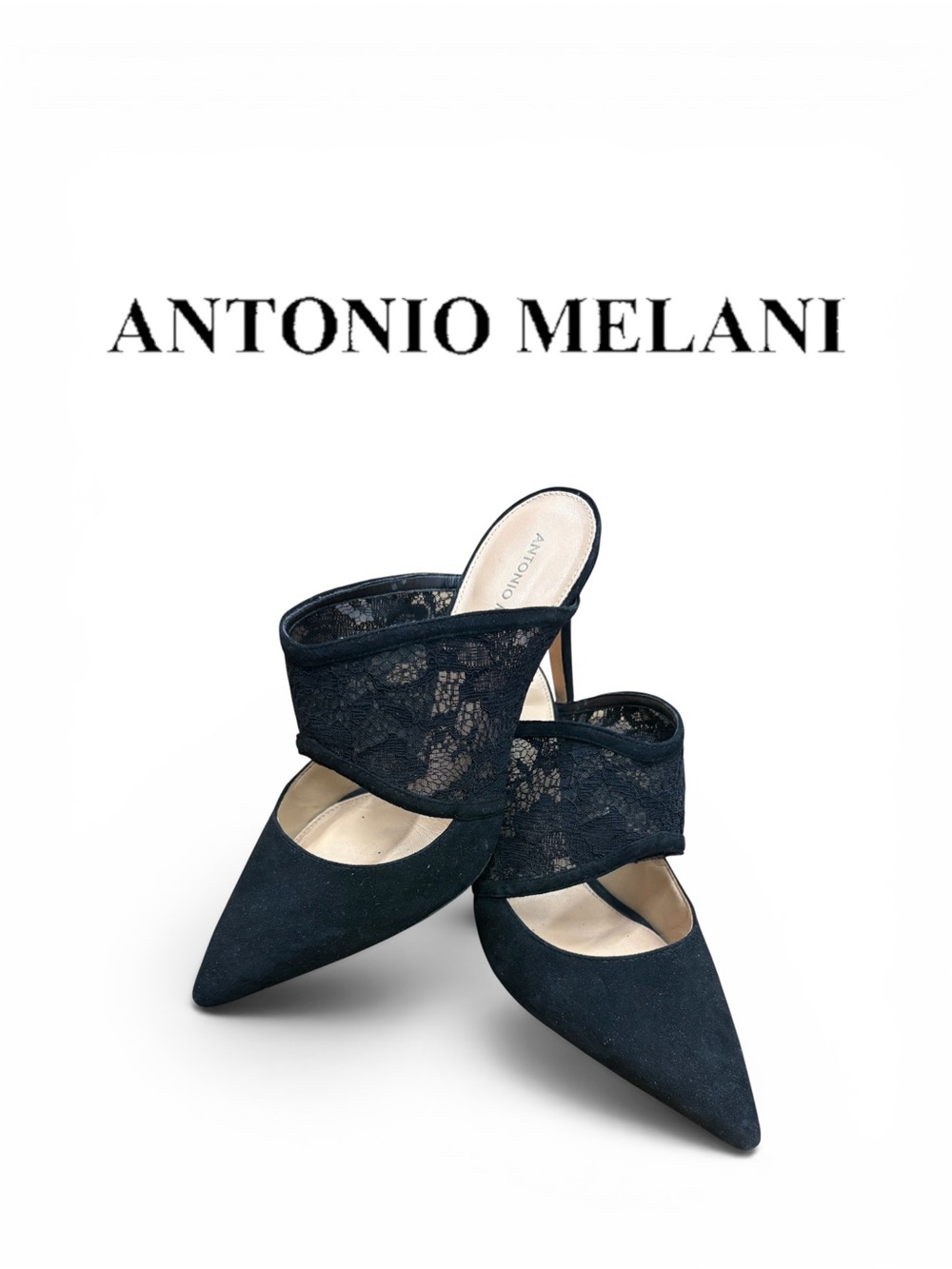 Antonio Melani Black Lace & Suede Pointed-Toe Mule Heels